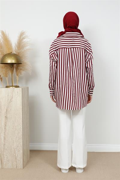 Çizgili Oversize Gömlek - Bordo