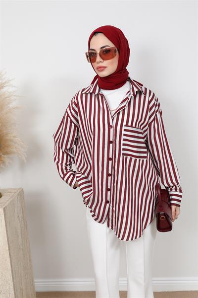 Çizgili Oversize Gömlek - Bordo