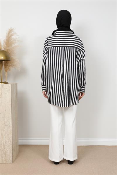Çizgili Oversize Gömlek - Siyah