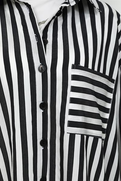 Çizgili Oversize Gömlek - Siyah