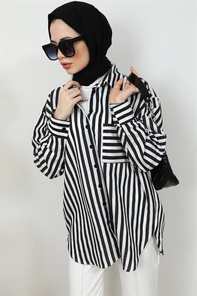Çizgili Oversize Gömlek - Siyah