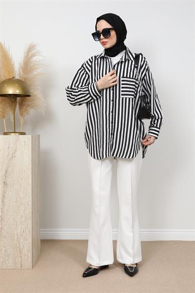 Çizgili Oversize Gömlek - Siyah