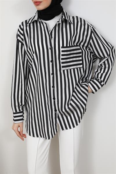 Çizgili Oversize Gömlek - Siyah