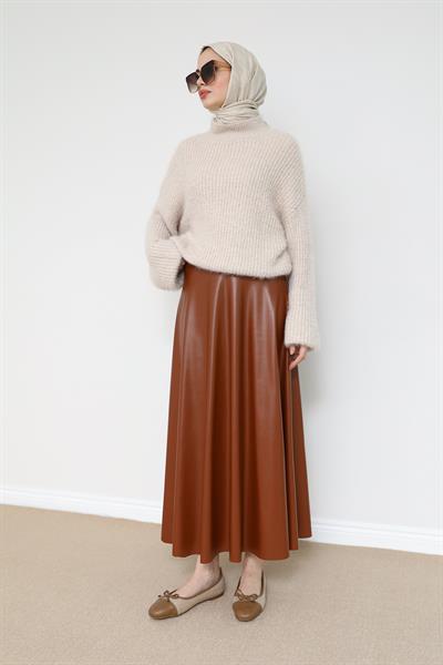 Deri Kloş Etek - Kahverengi