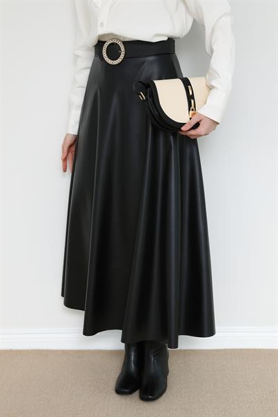 Deri Kloş Etek - Siyah