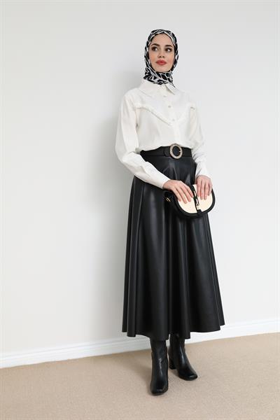 Deri Kloş Etek - Siyah
