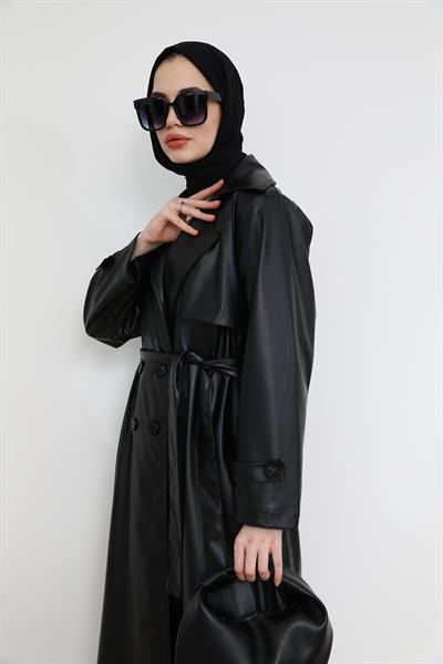 Deri Trençkot - Siyah