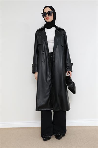 Deri Trençkot - Siyah