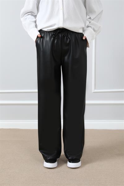 Deri Yüksek Bel Pantolon - Siyah