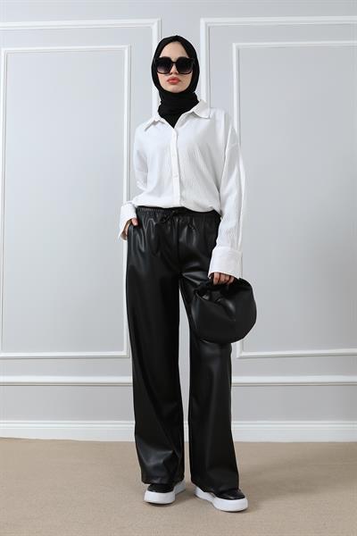 Deri Yüksek Bel Pantolon - Siyah