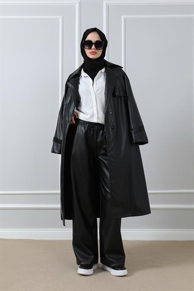 Deri Yüksek Bel Pantolon - Siyah