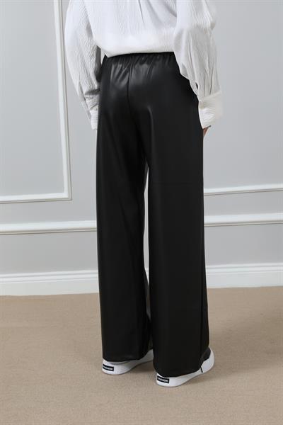 Deri Yüksek Bel Pantolon - Siyah