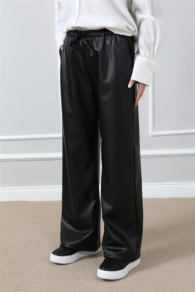 Deri Yüksek Bel Pantolon - Siyah