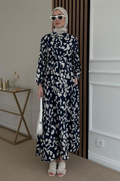 Desenli Gömlek Elbise - LACİVERT