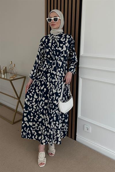 Desenli Gömlek Elbise - LACİVERT