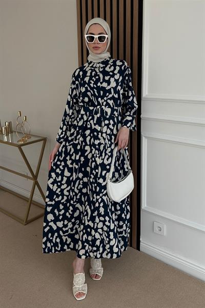 Desenli Gömlek Elbise - LACİVERT