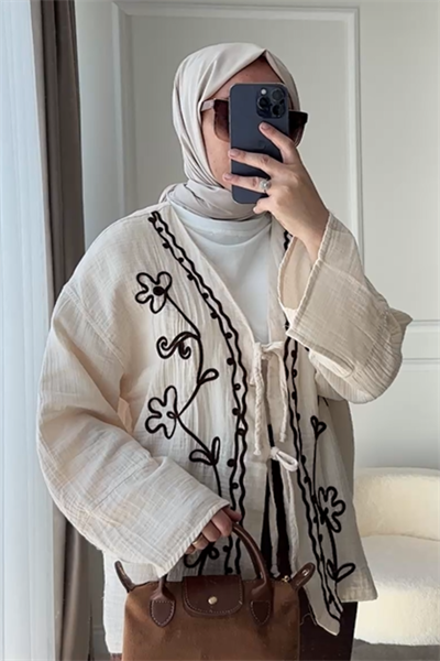 Desenli Kimono - KREM