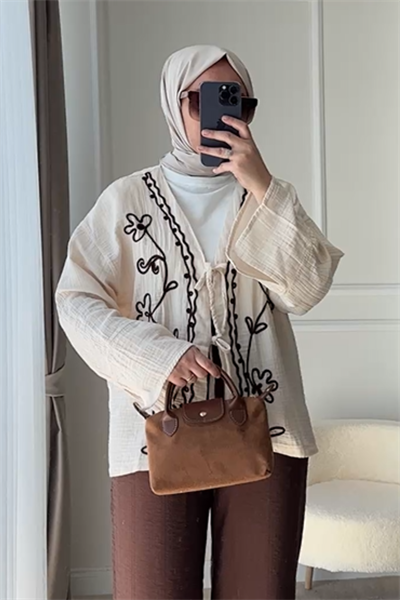Desenli Kimono - KREM