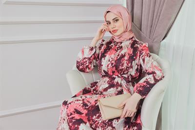 Desenli Saten Elbise - Kırmızı