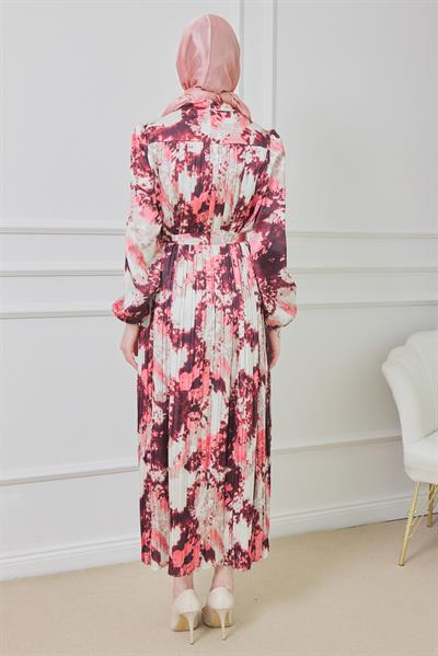 Desenli Saten Elbise - Kırmızı