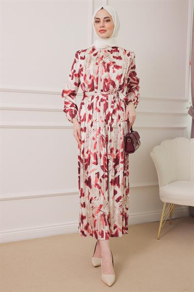Desenli Saten Elbise - Pembe