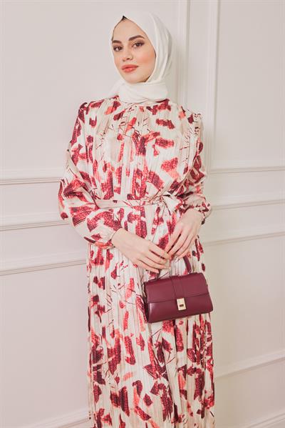 Desenli Saten Elbise - Pembe