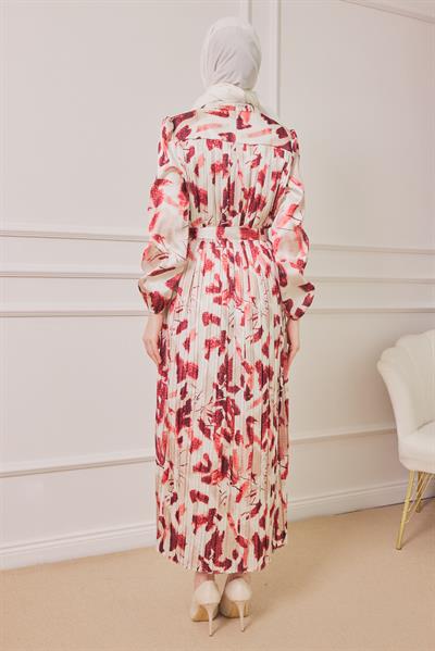 Desenli Saten Elbise - Pembe