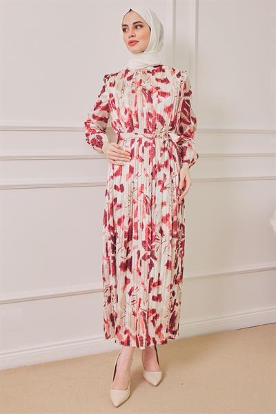 Desenli Saten Elbise - Pembe