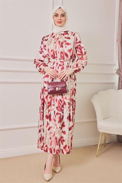 Desenli Saten Elbise - Pembe