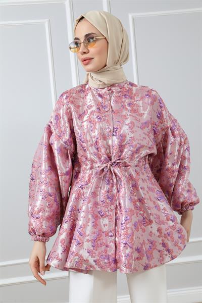 Dokulu Tasarım Ceket - Pembe