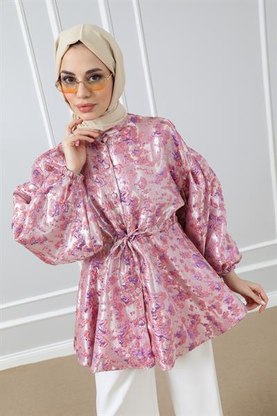 Dokulu Tasarım Ceket - Pembe