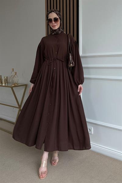 Düğmeli Keten Elbise - KAHVERENGİ