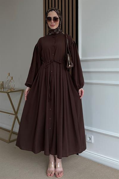 Düğmeli Keten Elbise - KAHVERENGİ