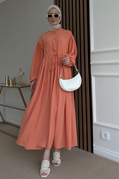 Düğmeli Keten Elbise - PEMBE