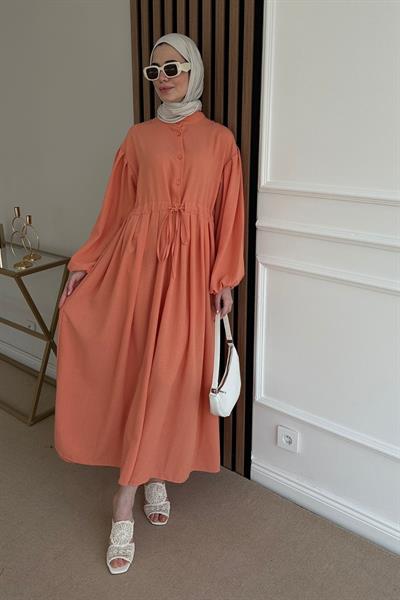 Düğmeli Keten Elbise - PEMBE