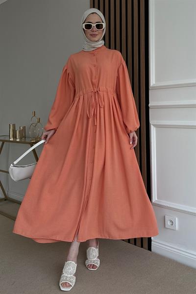 Düğmeli Keten Elbise - PEMBE