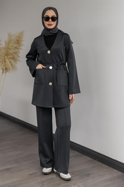 Düğmeli Scuba Takım - Füme