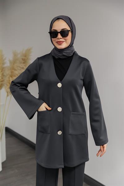 Düğmeli Scuba Takım - Füme