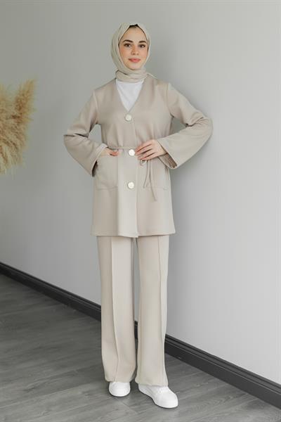 Düğmeli Scuba Takım - Krem