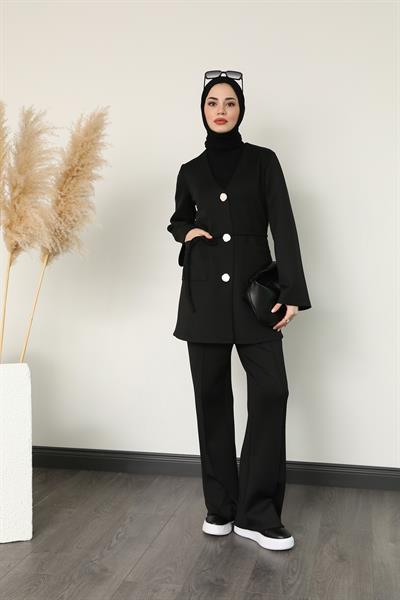 Düğmeli Scuba Takım - Siyah
