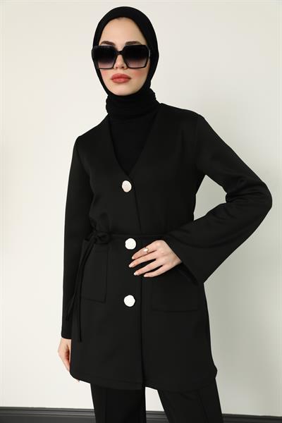 Düğmeli Scuba Takım - Siyah