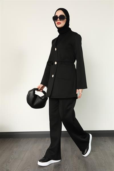 Düğmeli Scuba Takım - Siyah