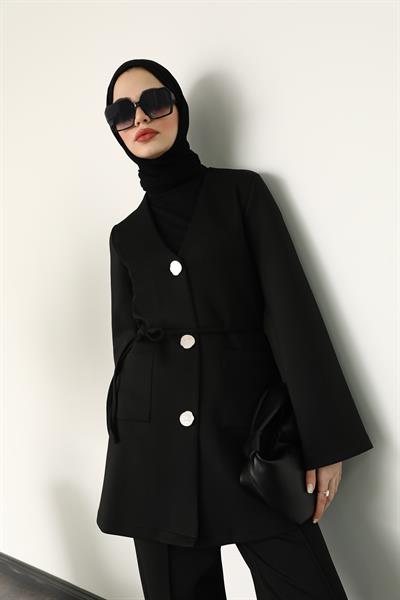 Düğmeli Scuba Takım - Siyah