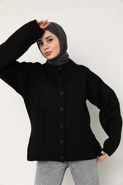 Düğmeli Triko Hırka - Siyah