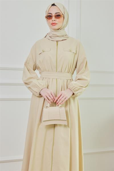 Fermuarlı Elbise - Krem