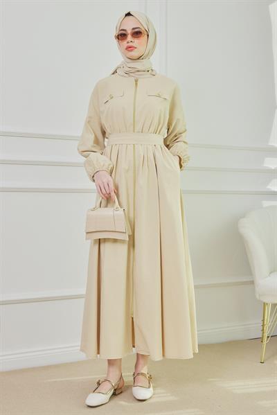 Fermuarlı Elbise - Krem