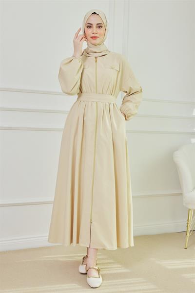 Fermuarlı Elbise - Krem