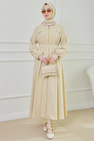 Fermuarlı Elbise - Krem