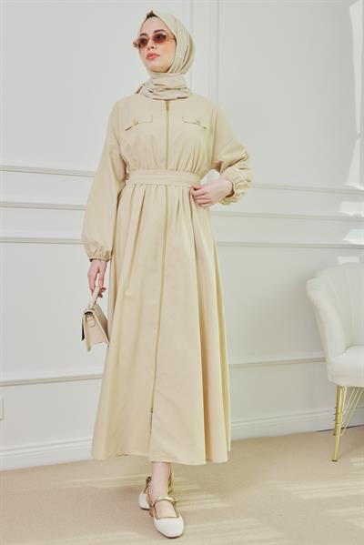 Fermuarlı Elbise - Krem