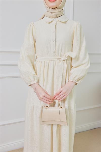 Fileli Elbise - Krem